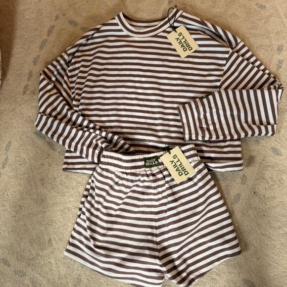 Daily Drills Tops - Daily Drills NWT XS/S Striped Cotton Shorts + Long Sleeve- Mocha + White Stripe